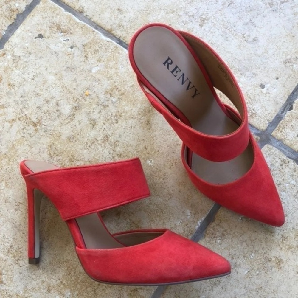 Renvy Red Cut Out Suede Mules Heels